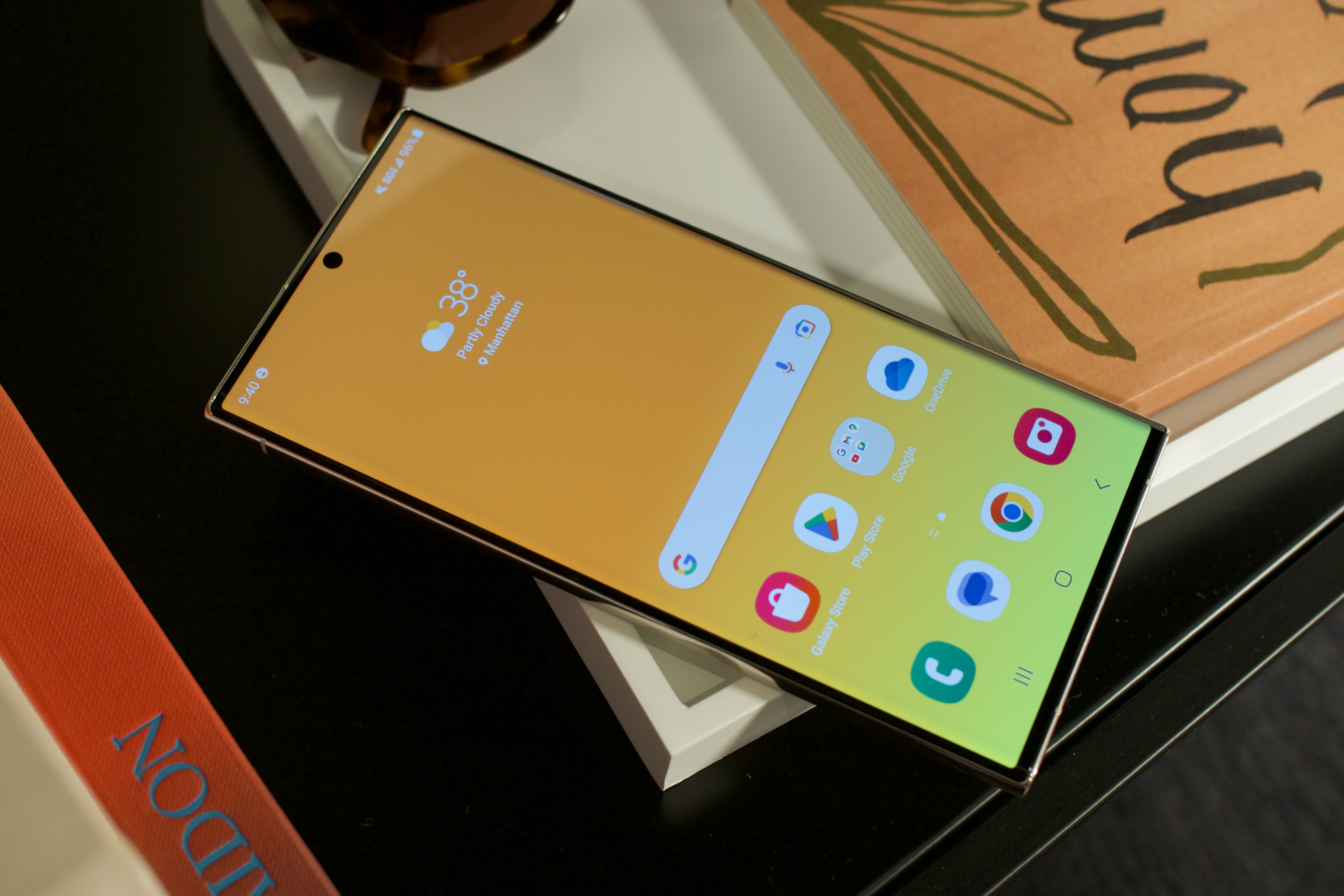 The Samsung Galaxy S23 Ultra with its display turned on.